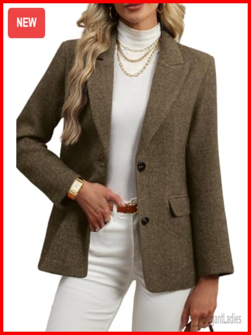 Women's Wool Blend Tweed Herringbone Blazer, Notch Lapel